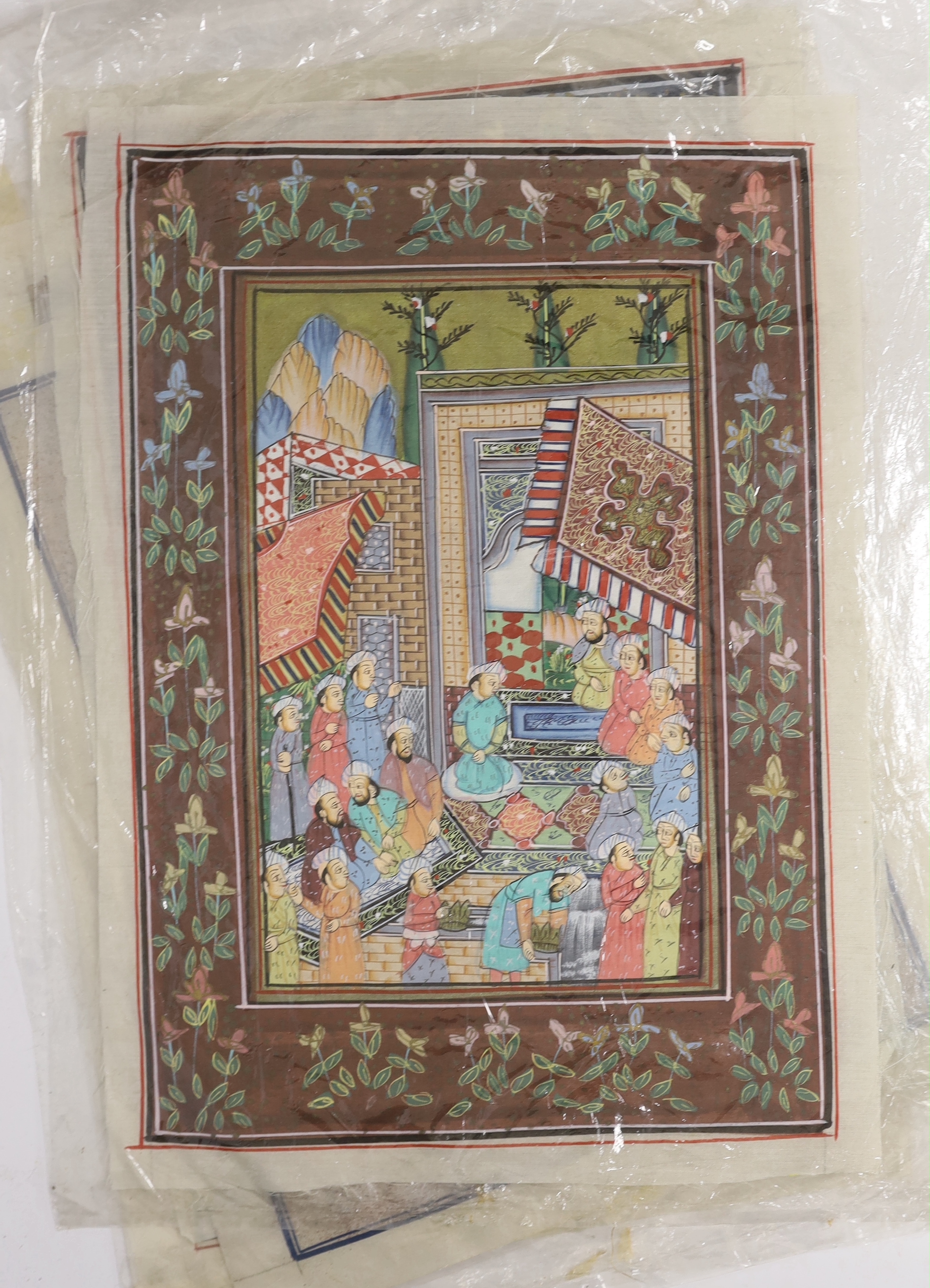 A collection of Indian gouache paintings on silk depicting attendants and figures, unframed